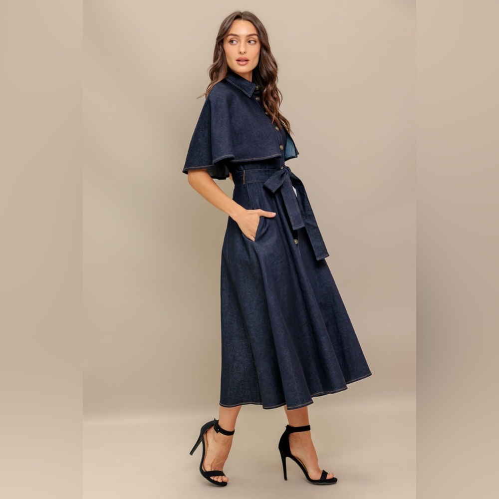 Stylish Navy Button-Up Cape Dress - Picture 4 of 10